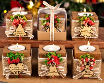 Personalized Wooden Christmas Candle Holder, Rustic Holiday Decor, Handmade Favor, Happy Holidays Gift