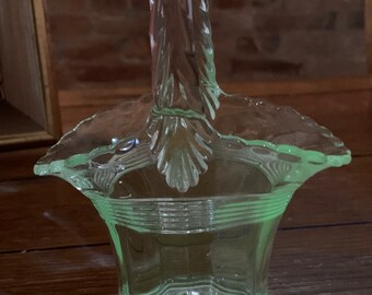 Vintage Duncan & Miller Crystal Clear 7” Pressed Glass Basket Tall Circa 1930s Glows Uranium Vaseline glass