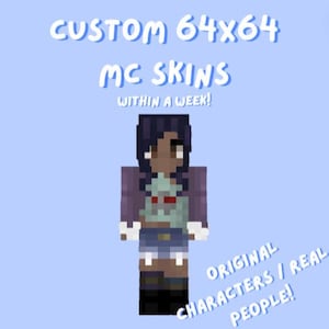 May include: A digital illustration of a Minecraft skin, a 64x64 pixel character with purple hair, a purple jacket, a blue shirt, blue jeans, and black shoes. The text "CUSTOM 64x64 MC SKINS WITHIN A WEEK! ORIGINAL CHARACTERS / REAL PEOPLE!" is displayed on the image.