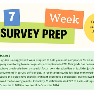 May include: A green and orange illustration with the text "7 Week Survey Prep" and a checkmark. The text "Guide to a successful Survey!" is in a yellow circle. The text "Success" is in a green box with the following text: "This guide is a suggested 7 week program to help you meet compliance for an annual survey and ongoing monitoring to meet regulatory compliance in LTC. This guide has been used in facilities that have previously been on special focus, consideration lists or facilities just looking for improvements in survey deficiencies. In recent studies, the facilities monitored that have followed this guide have shown significant decreased deficiencies. Two followed facilities showed the following results: #1 facility-31 deficiencies in 2023 to 4 clinical tags. #2 facility-12 deficiencies in 2023 to no clinical deficiencies 2024."