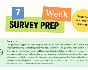 Puede incluir: Una ilustración verde y naranja con el texto "7 Week Survey Prep" y una marca de verificación. El texto "Guide to a successful Survey!" está en un círculo amarillo. El texto "Success" está en un cuadro verde con el siguiente texto: "Esta guía es un programa sugerido de 7 semanas para ayudarlo a cumplir con el cumplimiento para una encuesta anual y el monitoreo continuo para cumplir con el cumplimiento regulatorio en LTC. Esta guía se ha utilizado en instalaciones que previamente han estado en foco especial, listas de consideración o instalaciones que simplemente buscan mejoras en las deficiencias de la encuesta. En estudios recientes, las instalaciones monitoreadas que han seguido esta guía han mostrado una disminución significativa de las deficiencias. Dos instalaciones que siguieron la guía mostraron los siguientes resultados: instalación n.º 1: 31 deficiencias en 2023 a 4 etiquetas clínicas. Instalación n.º 2: 12 deficiencias en 2023 a ninguna deficiencia clínica en 2024."