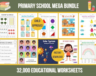 May include: A collection of educational worksheets for primary school students. The image features various learning activities, including counting, weather conditions, shape recognition, sentence scrambling, and a solar system activity. The bundle includes 32,000 worksheets.