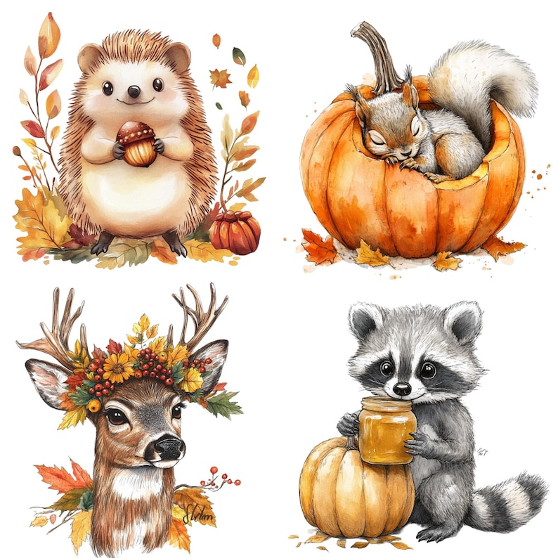 Watercolor Fall Animal Clipart: Woodland Autumn Illustration Set (PDF ...