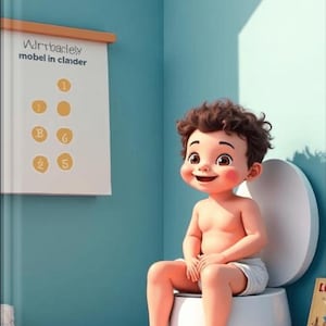 Könnte beinhalten: Ein Cartoon-Kind sitzt auf einer Toilette in einem hellblauen Badezimmer. Das Bild enthält den Text "How to Potty Train in three days". Eine Tafel an der Wand trägt den Text "Wirrbaclely mobel in clander".
