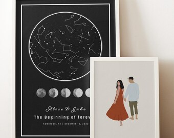 Puede incluir: Dos impresiones artísticas enmarcadas sobre una estantería de madera. Una impresión es un mapa estelar en blanco y negro con el texto "Alice & John The Beginning of Forever". La otra impresión es una ilustración de pareja. Un pequeño altavoz está a la derecha.