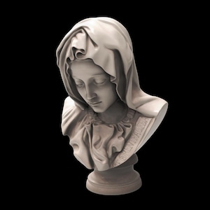 May include: A detailed bust sculpture of a woman with a draped head covering, in a classical style. The sculpture is a light beige color, with the woman's eyes closed and her head bowed. The bust is mounted on a round base, and the text "DE FLORENTIA FACIEBA" is inscribed on the side.