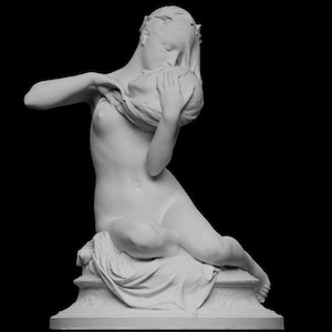 May include: A white marble sculpture of a seated figure, partially draped, cradling a cloth. The figure has long hair and is posed with a serene expression. The sculpture is set against a black background.
