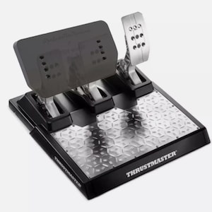 May include: Black and silver racing game pedal set with the brand name "Thrustmaster" on the base. The set includes three pedals and a textured metal footplate. The top section is black with several buttons.