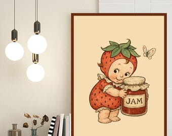 Kewpie Strawberry Print: Sztuka retro cottagecore (natychmiastowe pobranie)