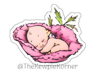 Vintage Kewpie Vinyl Sticker - Flower Baby Sleeping Design