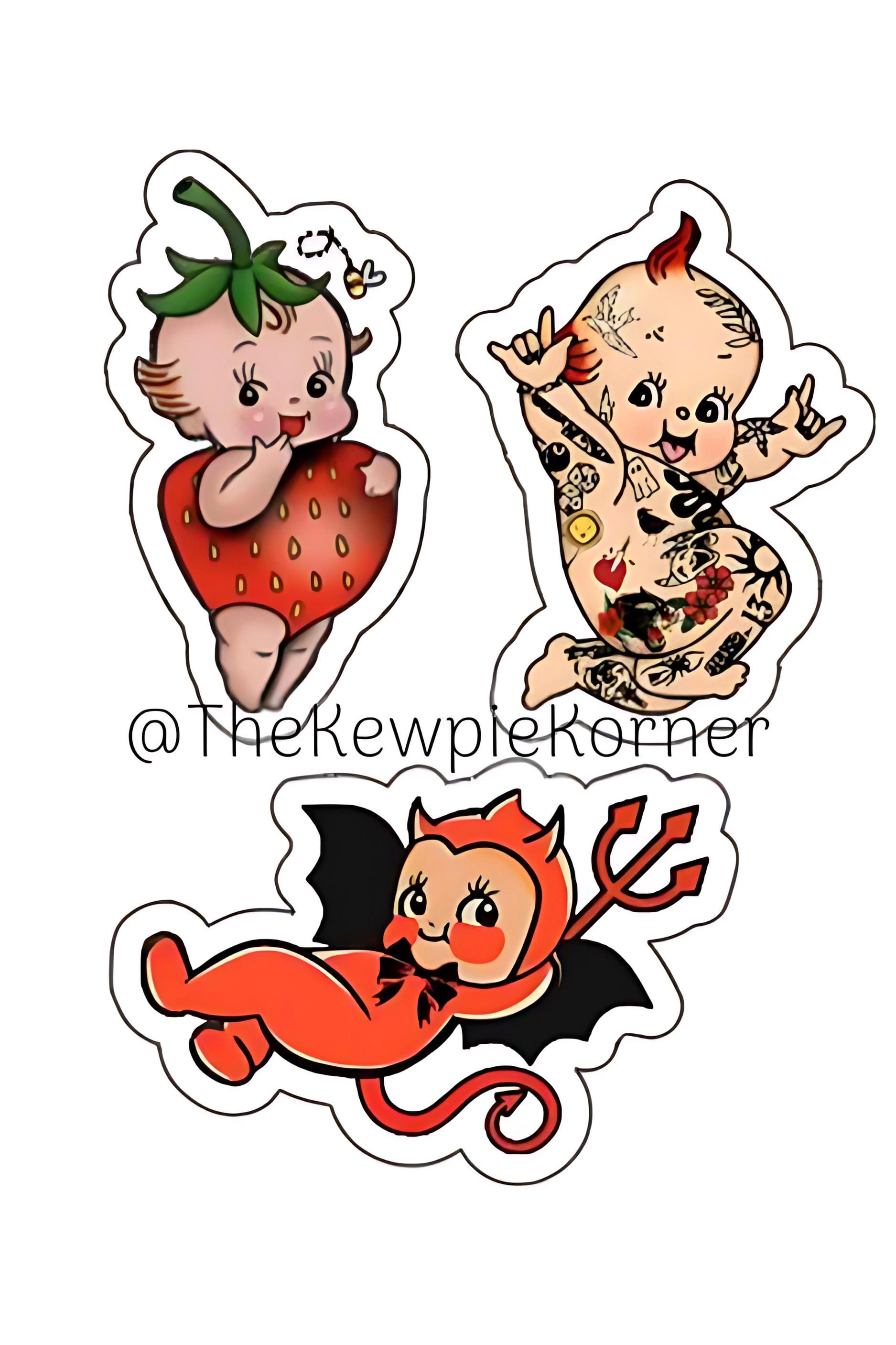 Adorable Retro Kewpie Vinyl Sticker Set - Devil, Tattoo, Strawberry - Glossy Laminated Finish, Water Resistant