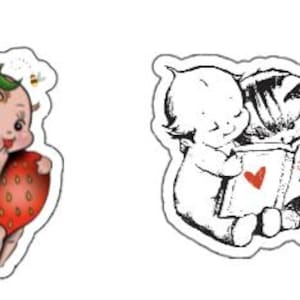 May include: Two black and white illustrations of a baby. The first illustration shows a baby dressed as a strawberry with a bee flying above. The second illustration shows a baby reading a book with a cat beside them. The book says "You read to me".