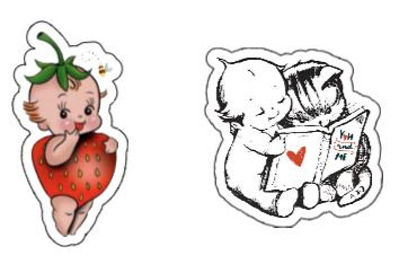 May include: Two black and white illustrations of a baby. The first illustration shows a baby dressed as a strawberry with a bee flying above. The second illustration shows a baby reading a book with a cat beside them. The book says "You read to me".
