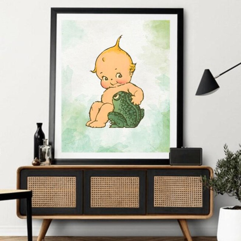 Vintage Kewpie i żaba – grafika ścienna w formacie cyfrowym Cottagecore zdjęcie 4