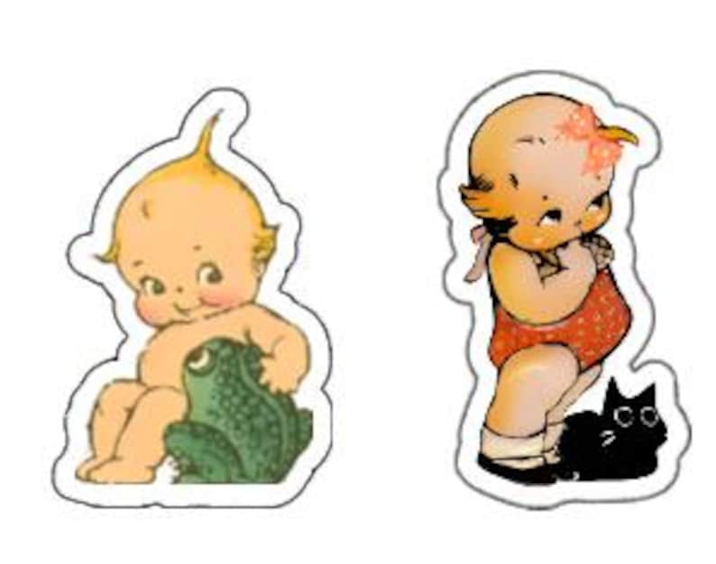 May include: Two vintage-style illustrations of children. The first shows a blonde baby with a green frog. The second shows a baby with a red dress and a black cat.