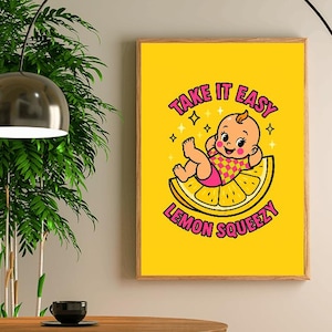 Retro Kewpie Digital Print, Y2k Vibes, Kitschy Cute Wall Art, &quot;Take it Easy, Lemon Squeezy