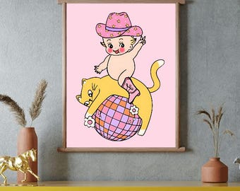 Groovy Kewpie Digital Print, Disco Kitty Wall Art