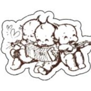 May include: Three cartoon cherubs playing musical instruments. The cherub on the left is playing a flute, the middle cherub is playing an accordion, and the cherub on the right is playing a guitar.