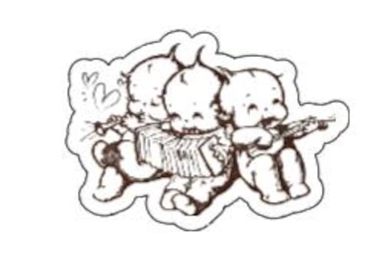 May include: Three cartoon cherubs playing musical instruments. The cherub on the left is playing a flute, the middle cherub is playing an accordion, and the cherub on the right is playing a guitar.