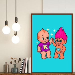 Retro Kewpie Digital Print, 90&#39;s Nostalgia, Kitschy Cute Wall Art, Trolls & Kewpie Bff