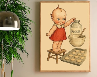 Retro Kewpie Baking Print, pastelowy styl kiczu (pobranie cyfrowe)