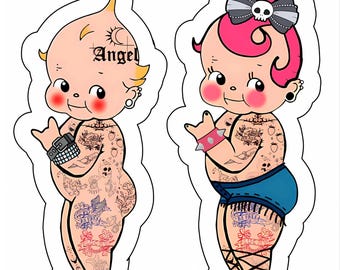 Kewpie Sticker Set: Punk and Goth Tattooed Babies (Vinyl, Weather-Resistant)