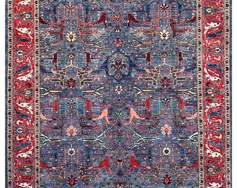 Hand-Knotted Afghan Wool Rug: Blue Heriz Design, Red Border 13.6x9.8 ft