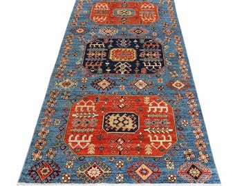 ハンドノットのアフガンウールランナーラグ：ネイビーブルー