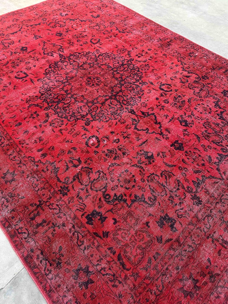 Red Fiber Rug 8x10 Overdyed Red Wool Rug: Hand-knotted Distressed Oriental Carpet - Etsy