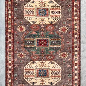 Kazak Tribal Rug 5x7 ft Hand-Knotted Wool Area Rug, Vintage Geometric Afghan Carpet, Red Blue Brown Oriental Rug Decor
