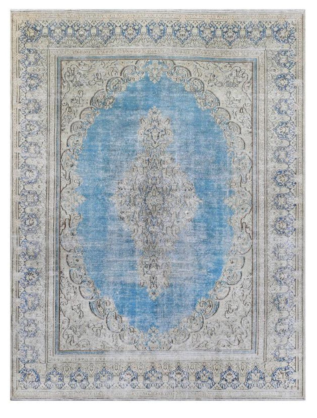 Sky Blue Persian Style Rug: Vintage Medallion Design, 9x12 Ft - Etsy