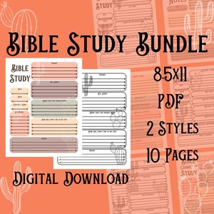 May include: A digital download bundle of printable Bible study pages in two styles. The pages feature a cactus theme and include sections for date, book, chapter, key verse, what does this passage mean, how can I apply this to my life, and prayer. The bundle includes 10 pages in 8.5x11 inch format.