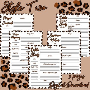 May include: Five printable pages with a leopard print background. Each page has a different title: Prayer Journal, Verse Mapping, Bible Study, Sermon Notes, and Bible Character Study. Each page has lines for writing.