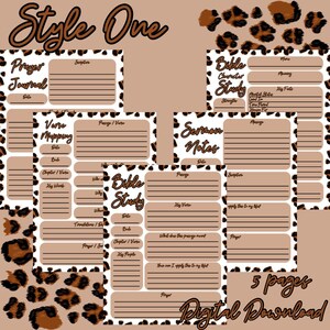 May include: Five printable pages with a leopard print background. The pages are designed for Bible study and include sections for prayer journal, verse mapping, sermon notes, and Bible character study.