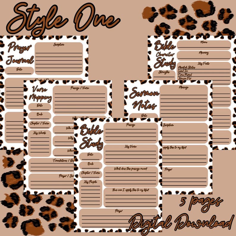 May include: Five printable pages with a leopard print background. The pages are designed for Bible study and include sections for prayer journal, verse mapping, sermon notes, and Bible character study.