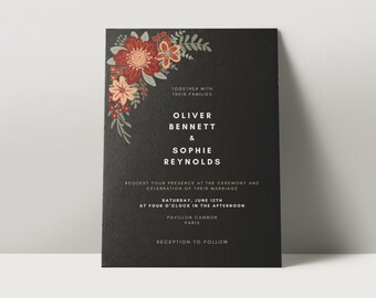 Dark Floral Wedding Invitation Template | Elegant Black Wedding Invite | Editable Canva Template | Instant Download