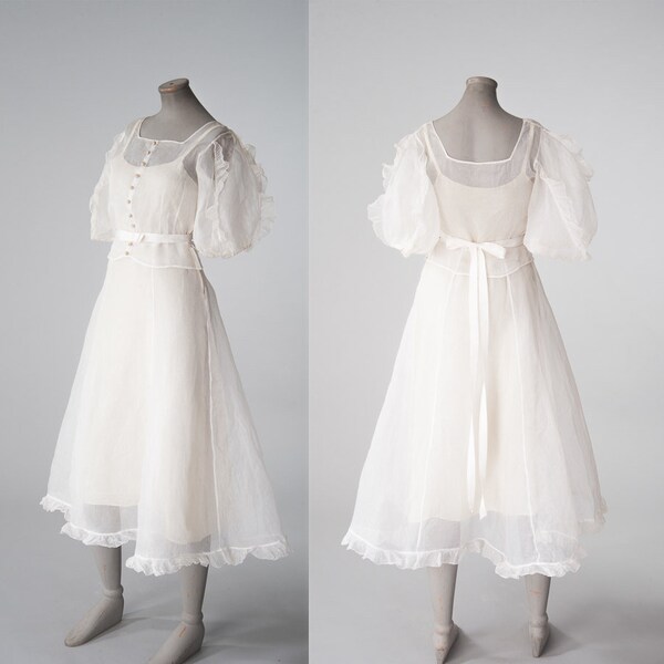 1930s White Organza Party Dress, Sheer Cotton Dress, 30s Wedding Dress, Antique White Dress, Puff Sleeves, Ruffled Dress