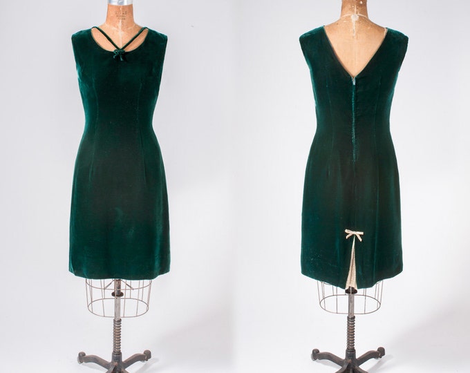 1960s Green Velvet Cocktail Dress Forest Green Rayon Velvet & Silver