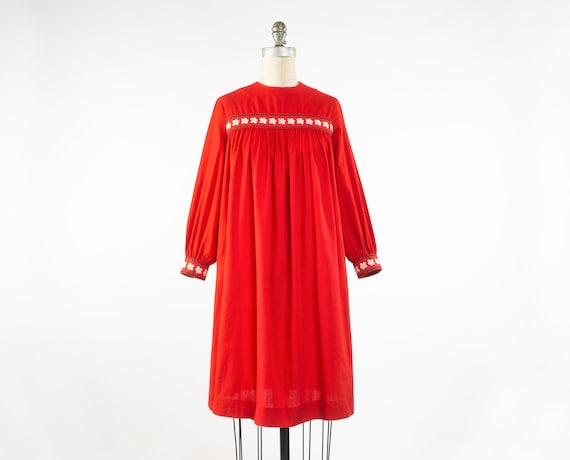 Vintage 1960s Red Cotton Smock Dress, 60s Embroide