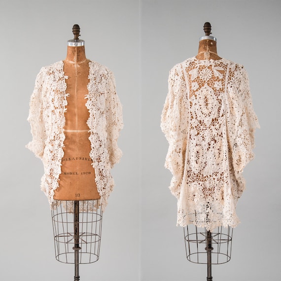 Antique Edwardian Battenberg Lace Cocoon Coat, Cre