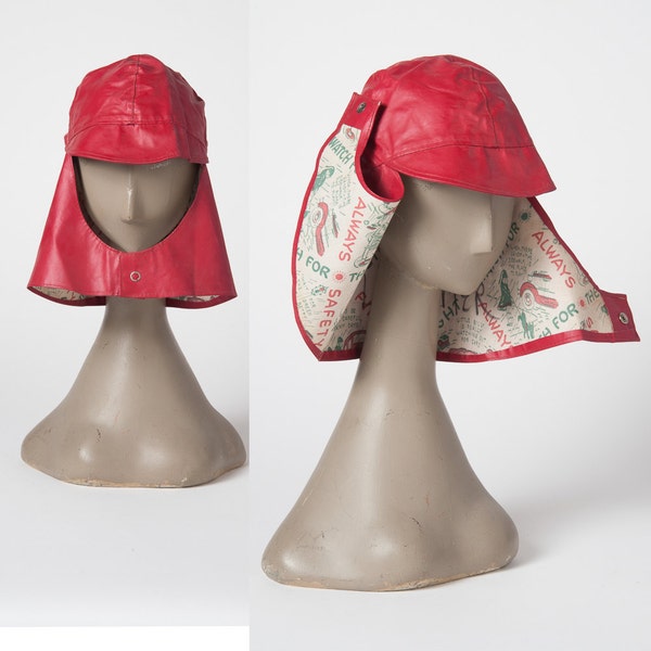 Vintage Rain Hat, 1950s Red Vinyl Children's Rain Cap, Brim and Neck Cover, Woman's Rain Hat, Accessories, Hats & Caps