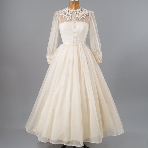 Vintage Wedding Dress: 50s Bridal Gown, White Prom Dress, Sheer Dotted Swiss Organza, Wide Skirt, Nipped Waist, Lace Collar