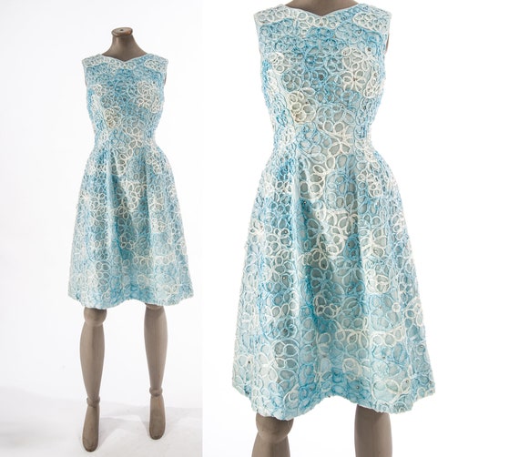 Vintage Ribbon Work Dress, Blue Ombre Ribbonwork D