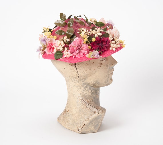 Vintage 1950s Flower Hat, Pink Floral Brim Hat, 50