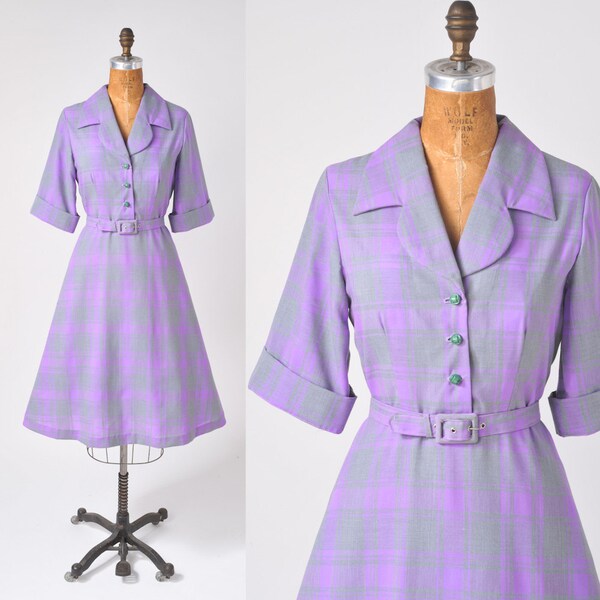 1950's Lavender Cotton Shirt Dress - Gray Purple Plaid Secretary Dress