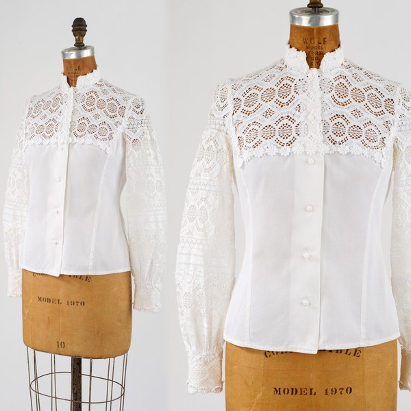 1960s White Lace Shirt: Vintage Cotton Mod Victorian Prairie Boho Shirt Long Lace Sleeves Summer