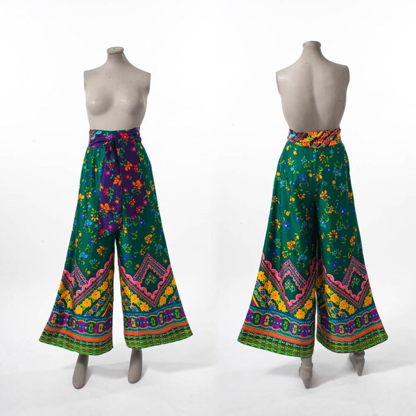 1960s Mod Green Palazzo Pants: Vintage Alex Colman Polished Cotton Multicolored Tapestry Print, Designer Bell Bottoms, High Waisted, Summer