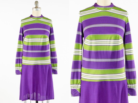 Vintage 1960s Mod Purple Striped Dress, Striped Kn