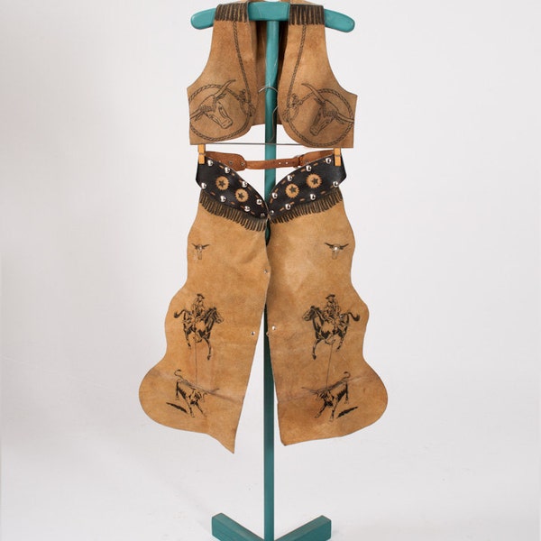 Vintage Keyston Cowboy Costume Children's Leather Chaps & Vest Buckaroo Western Two Piece Set