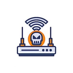 May include: An illustration of a router with a skull and crossbones icon, representing a hacked or insecure Wi-Fi network.